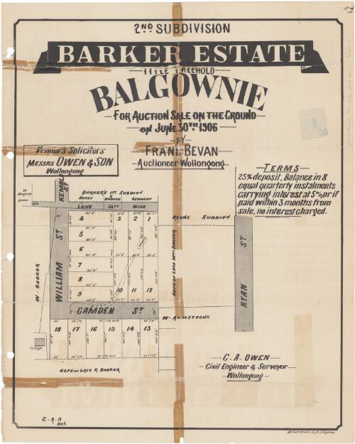 2nd subdivision, Barker Estate, Balgownie [cartographic material] : for auction sale on the ground on June 30th 1906 / by Frank Bevan, auctioneer Wollongong ; G.A.O. del