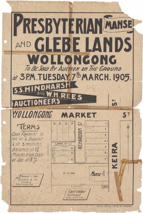 Presbyterian Manse and Glebe lands, Wollongong [cartographic material] : to be sold by auction on the ground at 3 p.m. Tuesday 7th March, 1905 / S.S. Hindmarsh and W.H. Rees, auctioneers, Wollongong