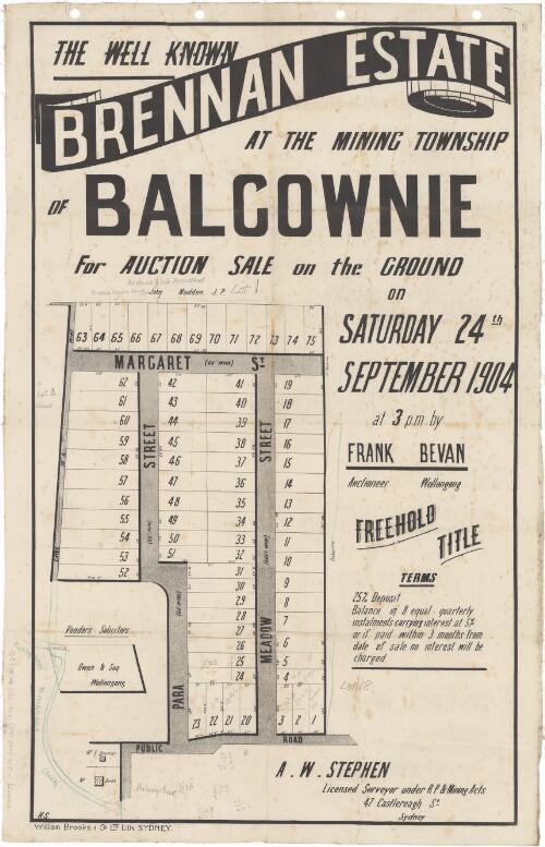 The well known Brennan Estate at the mining township of Balgownie [cartographic material] : for auction sale on the ground on Saturday 24th September 1904 at 3 p.m. / by Frank Bevan, auctioneer, Wollongong