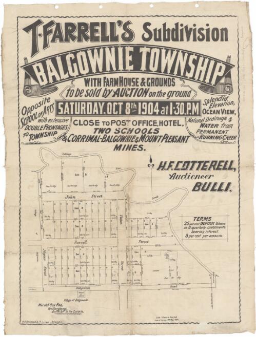 T. Farrell's subdivision, Balgownie township [cartographic material] : with farm house & grounds to be sold by auction on the ground Saturday, Oct. 8th 1904 at 1.30 p.m. / H.F. Cotterell, auctioneer Bulli