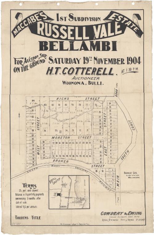MacCabe's Estate, 1st subdivision, Russell Vale, Bellambi [cartographic material] : for auction sale on the ground Saturday 19th November 1904 at 1.30 p.m. / H.T. Cotterell, auctioneer, Woonona, Bulli ; J.M. Cantle, draftsman, 90 Pitt St., Sydney