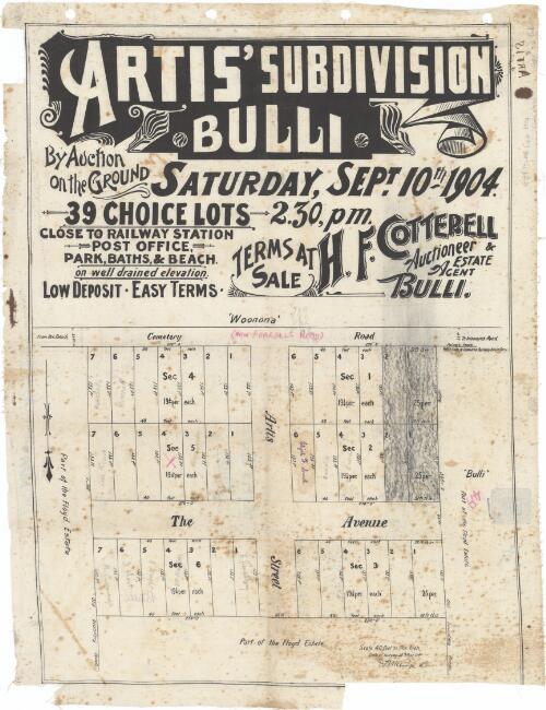Artis' subdivision, Bulli [cartographic material] : by auction sale on the ground Saturday, Sept. 10th 1904 2.30 p.m. / H.F. Cotterell, auctioneer & estate agent, Bulli