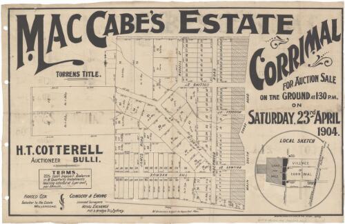 MacCabe's Estate, Corrimal [cartographic material] : for auction sale on the ground at 1.30 p.m. on Saturday, 23rd April 1904 / H.T. Cotterell, auctioneer, Bulli