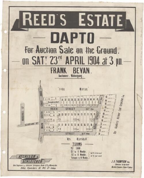 Reed's estate, Dapto [cartographic material] : for auction sale on the ground on Saty. 23rd April 1904 at 3 p.m. / Frank Bevan auctioneer Wollongong