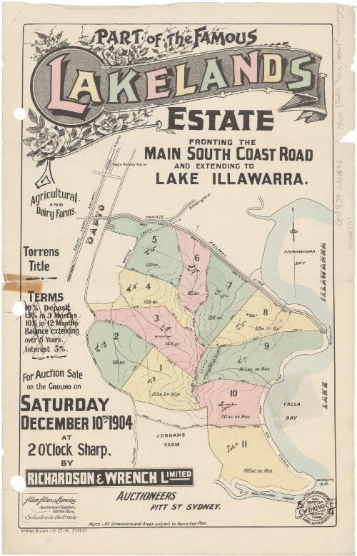 Part of the famous Lakelands Estate [cartographic material] : fronting the Main South Coast Road and extending to Lake Illawarra : for auction sale on the ground on Saturday December 10th. 1904 at 2 o'clock sharp / by Richardson & Wrench, auctioneers Pitt St. Sydney