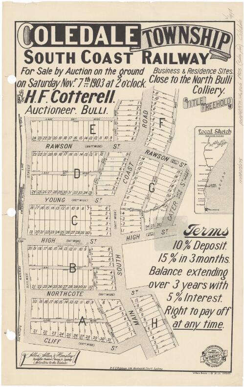 Coledale township, south coast railway [cartographic material] : business & residence sites close to north Bulli colliery ; for sale by auction on the ground on Saturday Novr. 7th 1903 at 2 o'clock / by H.F. Cotterell, auctioneer, Bulli