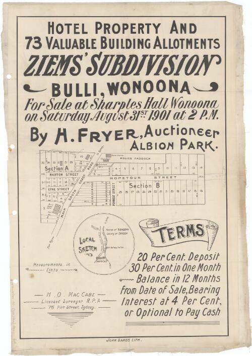 Hotel property and 73 valuable building allotments, Ziems' subdivision, Bulli, Wonoona [cartographic material] : for sale at  Sharples Hall Wonoona on Saturday August 31st 1901 at 2 p.m. / by H. Fryer, auctioneer, Albion Park