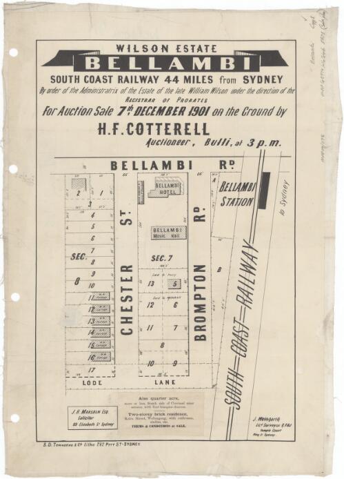 Wilson Estate, Bellambi [cartographic material] : South Coast Railway, 44 miles from Sydney / for auction sale 7th December 1901, on the ground by H.F. Cotterell, auctioneer, Bulli at 3 p.m. ; by order of the administratrix of the estate of the late William Wilson under the direction of the Registrar of Prorates