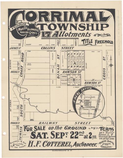 Corrimal township [cartographic material] : 17 allotments for sale on the ground Sat. Sept. 22nd at 2 p.m. / H.F. Cotterell, auctioneer