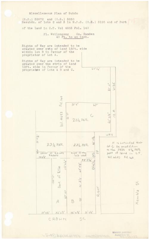 Miscellaneous plan of subdn. (R.P.) 35872 and (O.S.) 3850 [cartographic material] : resubdn. of lots 2 and 3 in M.P.S. (O.S.) 3195 and part of the land in C.T. vol. 4683, fol. 140, Pl. Wollongong, Co. Camden