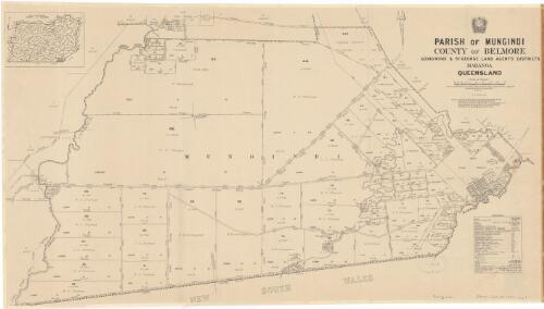 Parish of Mungindi, County of Belmore [cartographic material] : Goondiwindi & St. George Land Agents' Districts, Maranoa, Queensland / compiled, drawn and printed at the Survey Office, Dept. of Public Lands, Brisbane