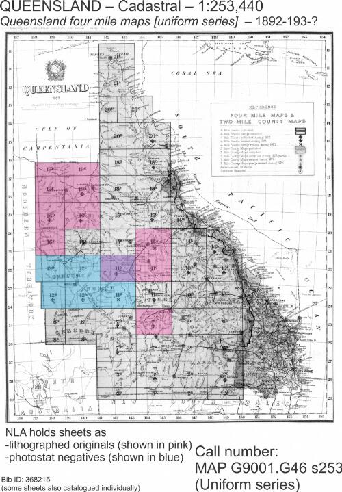 Queensland four mile maps [uniform series] [cartographic material] / printed at Govt. Printing Office & published at the Survey Office, Dept. of Public Lands, Brisbane