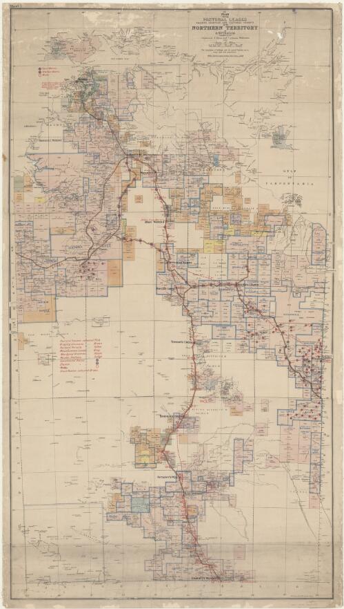 Plan shewing pastoral leases, grazing licences and pastoral permits in the Northern Territory of Australia [cartographic material] / compiled in the Department of Home and Territories, Melbourne
