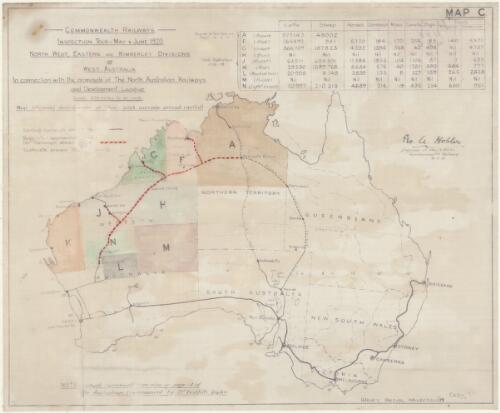 Inspection tour - May & June 1920. North West, Eastern and Kimberley Divisions of West Australia in connection with the proposals of the North Australian Railways and Development League [cartographic material]: map showing distribution of stock and average annual rainfall / Geo. A. Hobler, Engineer of Way and Works, Commonwealth Railways, 16.8.20