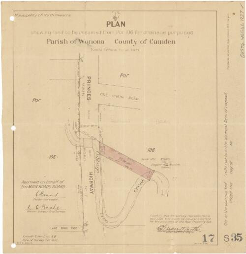 Plan shewing land to be resumed from por 106 for drainage purposes [cartographic material] : Parish of Wonona, County of Camden