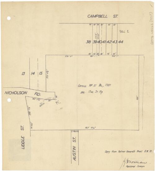 [Manuscript cadastral plan for land in Woonona, New South Wales, bounded by Campbell Street, Nicholson Road, Liddle Street and Austin Street] [cartographic material] / K.F. Williams, registered surveyor