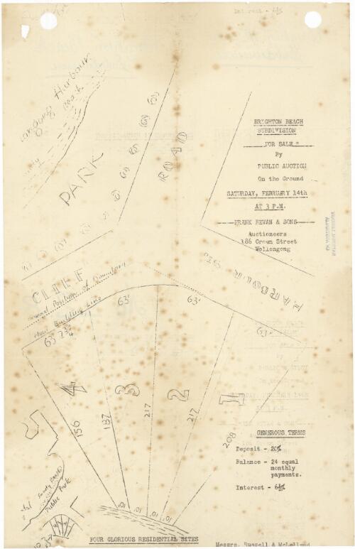 Brighton Beach Subdivision [cartographic material] : for sale, by public auction, on the ground, Saturday, February 14th, at 3 p.m. / Frank Bevan & Sons, auctioneers, 386 Crown Street, Wollongong