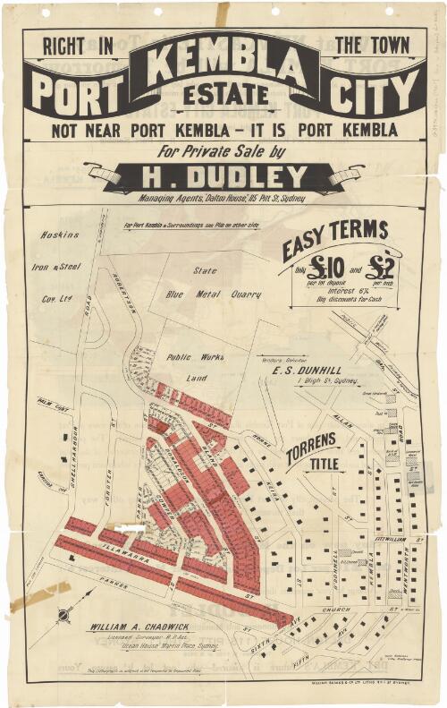 Right in the town, Port Kembla City Estate [cartographic material] : not near Port Kembla - it is Port Kembla / for private sale by H. Dudley, managing agents, Dalton House, 115 Pitt St. Sydney