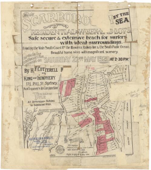 Scarborough by the sea [cartographic material] : residential & weekend lots : for sale by auction on the ground on Saturday 22nd May, 1920 at 2-30 p.m. / by H.F. Cotterell B[ulli] and King and Humphrey, 121 Pitt St. Sydney, auctioneers in conjunction