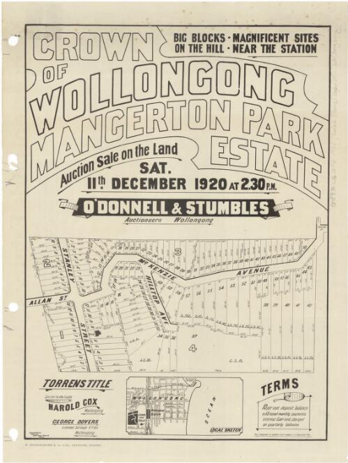 Crown of Wollongong, Mangerton Park Estate [cartographic material] : auction sale on the land Sat. 11 December 1920 at 2.30 p.m. / O'Donnell & Stumbles, auctioneers Wollongong