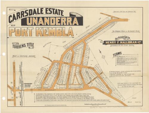 Carrsdale Estate, Unanderra, near Port Kembla [cartographic material] : for private sale / by Henry F. Halloran & Co., auctioneers, &c. 82 Pitt Street Sydney