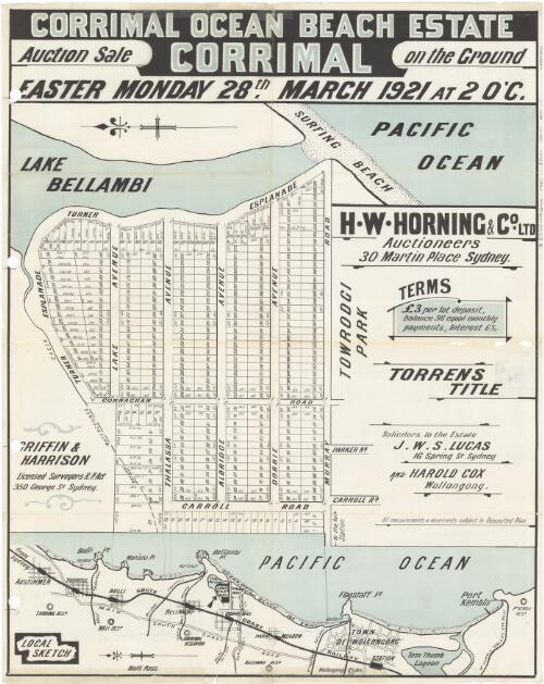 Corrimal Ocean Beach estate, Corrimal [cartographic material] : auction sale on the ground Easter Monday 28th March 1921 at 2 o'c. / H.W. Horning & Co. Ltd auctioneers 30 Martin Place Sydney