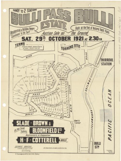 Bulli Pass Estate [cartographic material] : handy to 2 stations, residential & holiday resort convenient to the surf, right at the foot of historic Bulli Pass / auction sale on the ground, Sat. 29th October 1921 at 2.30 p.m. ; Slade, Brown & Bloomfield Ltd., 155 Pitt Street, Sydney ; auctioneers in conjunction, H.F. Cotterell, Bulli