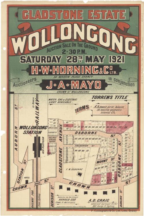 Gladstone Estate, Wollongong [cartographic material] : auction sale on the ground 2.30 p.m. Saturday, 28th May 1921 / H.W. Horning & Co. Ltd 30 Martin Place Sydney, J.A. Mayo Crown St. Wollongong auctioneers in conjunction