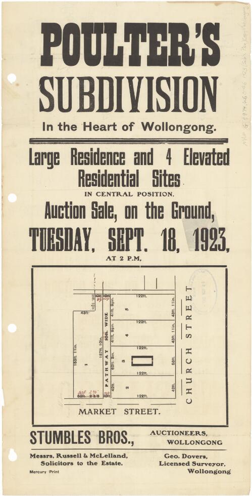 Poulter's subdivision [cartographic material] : in the heart of Wollongong, large residence and 4 elevated residential sites in central position : auction sale on the ground Tuesday, Sept. 18 1923 / Stumbles Bros., auctioneers, Wollongong
