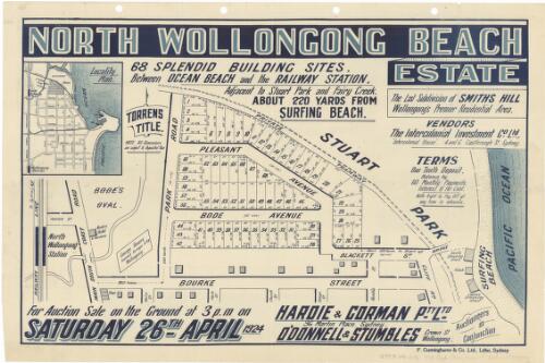 North Wollongong Beach Estate [cartographic material] : for auction sale on the ground at 3 p.m. on Saturday 26th. April 1924 / Hardie & Gorman Pty. Ltd. 36 Martin Place, Sydney, O'Donnell & Stumbles, Crown St. Wollongong, auctioneers in conjunction