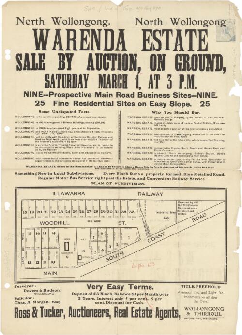 North Wollongong, North Wollongong, Warenda Estate [cartographic material] : sale by auction on ground, Saturday March 1, at 3 p.m. / Ross & Tucker, auctioneers, real estate agents, Wollongong & Thirroul