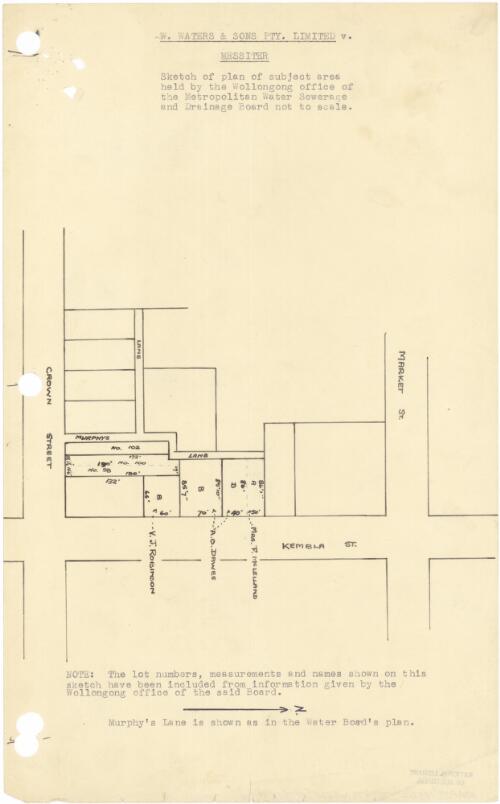 W. Waters & Sons Pty. Limited v. Messiter [cartographic material] : sketch of plan of subject area held by the Wollongong office of the Metropolitan Water Sewerage and Drainage Board