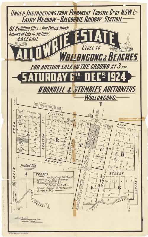 Under instructions from Permanent Trustee Co. of N.S.W. Ltd, Fairy Meadow - Balgownie Railway Station [cartographic material] : 81 building sites & one cottage block, balance of lots in sections A.B.C.F.G.H. & I. Allowrie Estate, close to Wollongong & beaches for auction sale on the ground at 3 p.m. Saturday 6th Decr. 1924 / O'Donnell & Stumbles, auctioneers, Wollongong