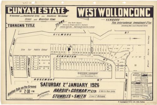 Cunyah Estate, West Wollongong [cartographic material] : 70 business and residential sites also residence "The Cunyah", ocean and mountain views, auction sale on the ground at 2.30 p.m. Saturday 2nd January 1926 / auctioneers in conjunction, Hardie & Gorman Py. Ltd. 36 Martin Place, Sydney, Stumbles & Smith, Crown Street, Wollongong