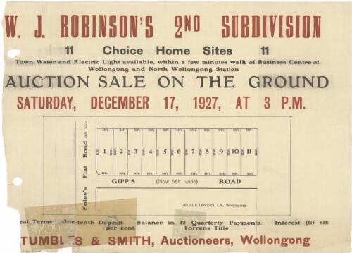 W.J. Robinson's 2nd subdivision, 11 choice home sites [cartographic material] : town water and electric light available, within a few minutes walk of business centre of Wollongong and North Wollongong Station : auction sale on the ground, Saturday, December 17, 1927, at 3 p.m. / Stumbles & Smith, auctioneers, Wollongong