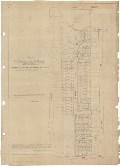 Plan of subdivision of land in R.P.A.26051 and certs. of title volume 3524 fol. 129 and vol. 3617 fol. 157, Gunyah Estate [cartographic material] : Parish of Wollongong, County of Camden / George Dovers, licensed surveyor
