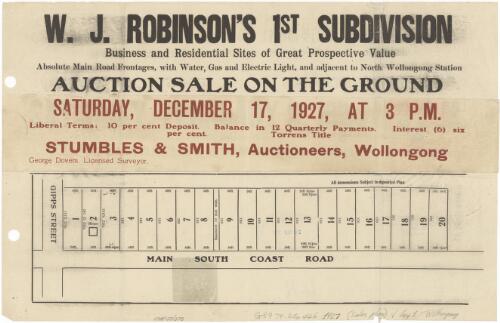 W.J. Robinson's 1st subdivision [cartographic material] : business and residential sites of great prospective value, absolute main road frontages, with water, gas and electric light, and adjacent to North Wollongong Station / auction sale on the ground, Saturday, December 17, 1927, at 3 p.m. ; Stumbles & Smith, auctioneers, Wollongong