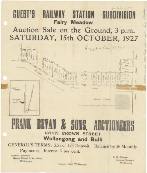 Guest's Railway Station subdivision, Fairy Meadow [cartographic material] / auction sale on the ground, 3 p.m., Saturday, 15th October, 1927 ; Frank Bevan & Sons, auctioneers, 167-171 Crown Street, Wollongong and Bulli