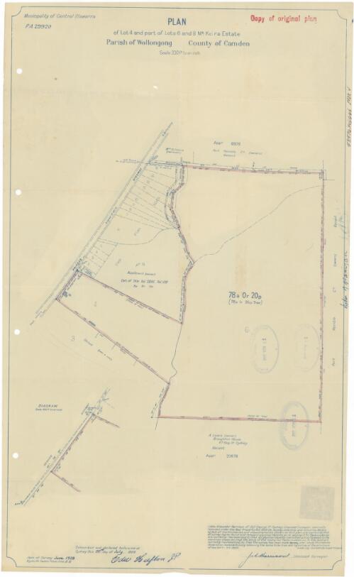 Plan of lot 4 and part of lots 6 and 8, Mt. Keira Estate, Parish of Wollongong, County of Camden [cartographic material] / John Harrison, licensed surveyor