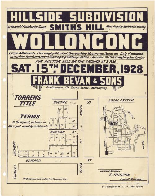 Hillside subdivision, Smith's Hill, Wollongong [cartographic material] : 21 beautiful residential sites, most popular residential locality ; for auction sale on the ground at 3 p.m. Sat. 15th December 1928 / Frank Bevan & Sons, auctioneers, 171 Crown Street, Wollongong