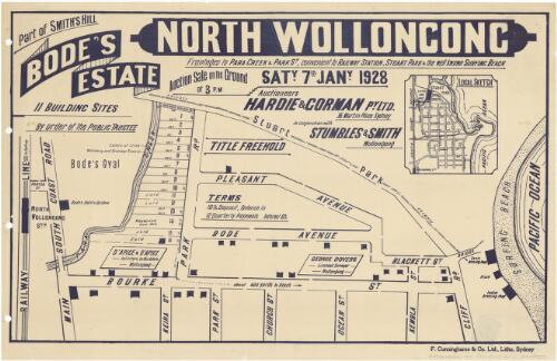 Part of Smith's Hill, Bode's Estate, North Wollongong [cartographic material] : frontages to Para Creek & Park St., convenient to Railway Station, Stuart Park & the well known surfing beach ; auction sale on the ground at 3 p.m. Saty. 7th Jany. 1928 / auctioneers Hardie & Gorman Py. Ltd. 36 Martin Place, sydney in conjunction with Stumbles & Smith, Wollongong