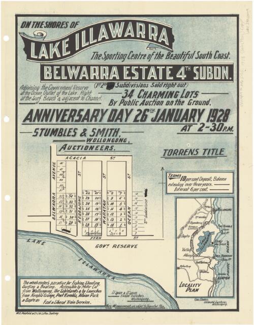 On the shores of Lake Illawarra, the sporting centre of the beautiful South Coast, Belwarra Estate 4th subon. [cartographic material] : 34 charming lots : by public auction on the ground, Anniversary Day 26th January 1928 at 2.30 p.m. / Stumbles & Smith, Wollongong, auctioneers