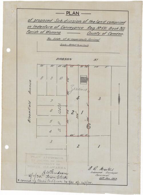 Plan of proposed sub-division of the land comprised in indenture of conveyance reg. no. 531, book 922, Parish of Wonona, County of Camden [cartographic material] : the estate of W. Leeper (decd.), Corrimal / D.R. Masters, licensed surveyor, Corrimal, 29th Nov. 1929