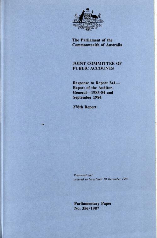 Response to report 241, Report of the Auditor-General, 1983/84 and September 1984 / Joint Committee of Public Accounts
