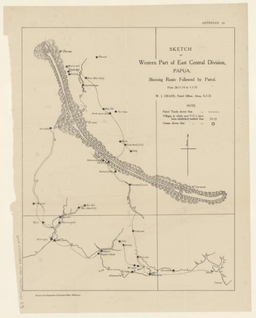 Sketch of western part of East Central Division, Papua, shewing route followed by patrol, from 26.11.14 to 1.1.15 [cartographic material] / W.J. Crane, patrol officer, Abau, E.C.D