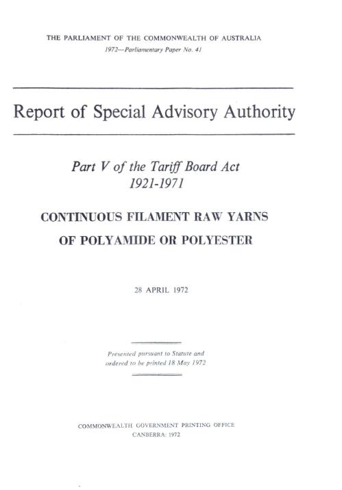 Continuous filament raw yarns of polyamide or polyester 28 April 1972 / report of Special Advisory Authority