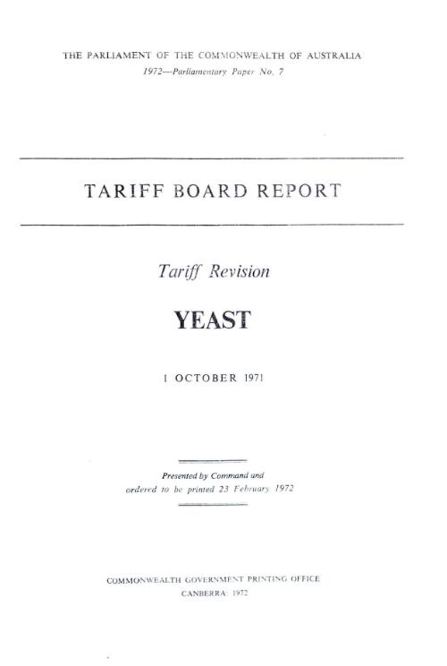 Tariff revision, yeast, 1 October 1971 / Tariff Board