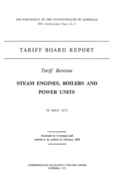 Tariff revision, steam engines, boilers and power units, 28 May 1971 / Tariff Board