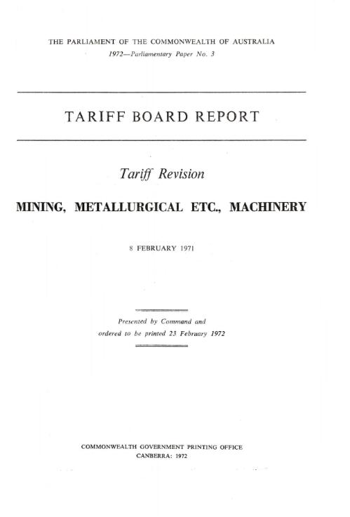 Tariff revision, mining, metallurgical etc., machinery, 8 February 1971 / Tariff Board