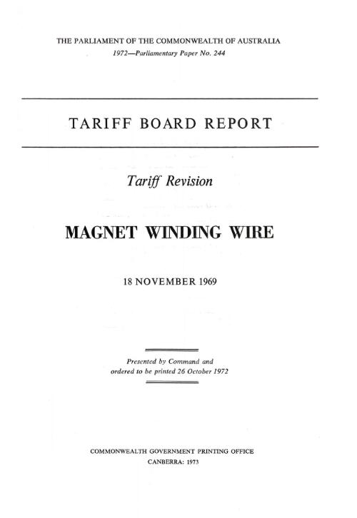 Tariff revision, magnet winding wire 18 November 1969 / Tariff Board